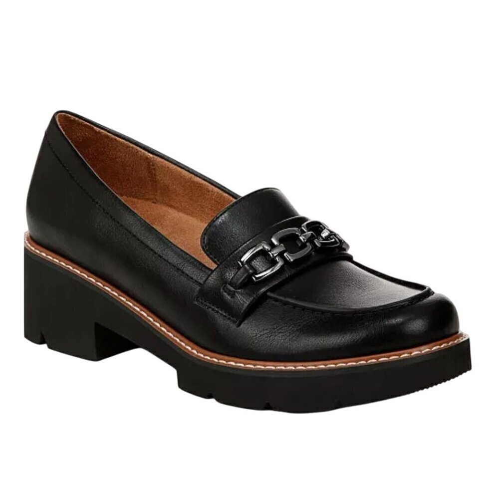 Naturalizer Cabana Lug Sole Loafers Navy Faux Leather Silver Buckles Size 9.5